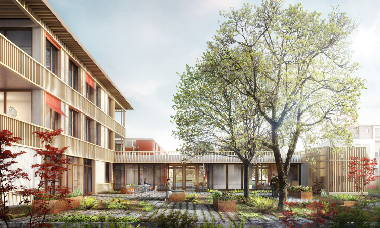 Zukunftsbild vom Wohnhaus Romeo mit Innenhof und Bäumen