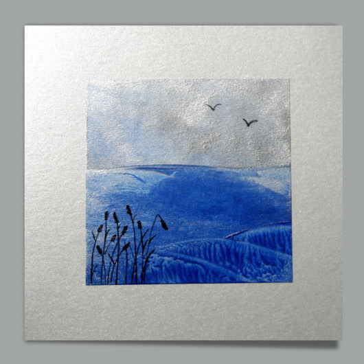 Bild der Beileidskarte «Schilf Blau Silber» mit Landschaft mit Schilf und Vögeln