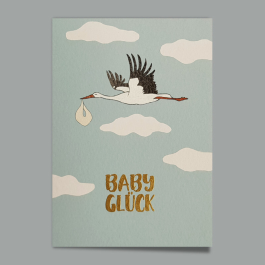 Bild der Glückwunschkarte «Baby Glück Storch auf Blau» mit goldenem Schriftzug