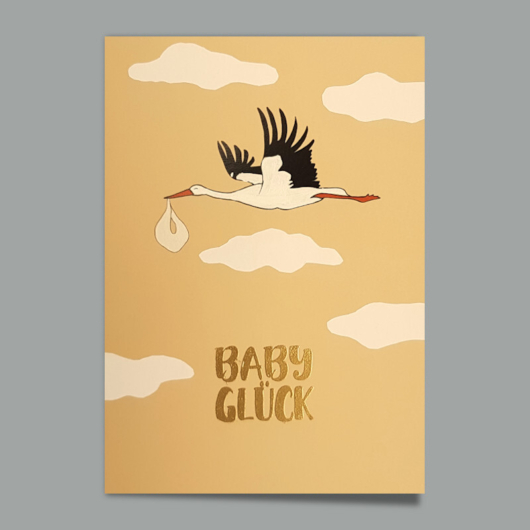Bild der Glückwunschkarte «Baby Glück Storch auf Braun» mit goldenem Schriftzug