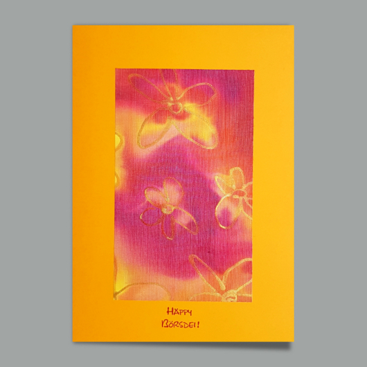 Bild der Glückwunschkarte «Blume Seide auf Gelb» mit Seidenmalerei mit Blumen auf Grundkarte Gelb