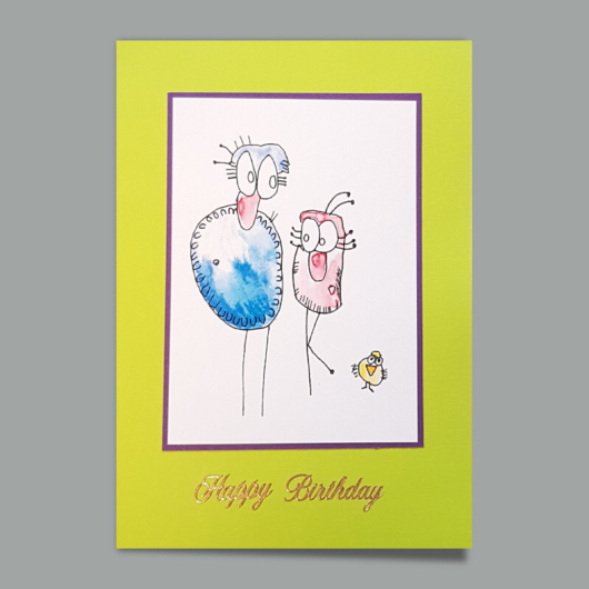Bild der Glückwunschkarte «Familie Vogel Happy Birthday» mit Comic-Vogelpaar und Kücken