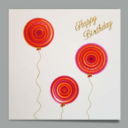 Bild der Glückwunschkarte «Happy Birthday Ballons» mit dreierlei farbigen Kreisen auf Grundkarte Ivory