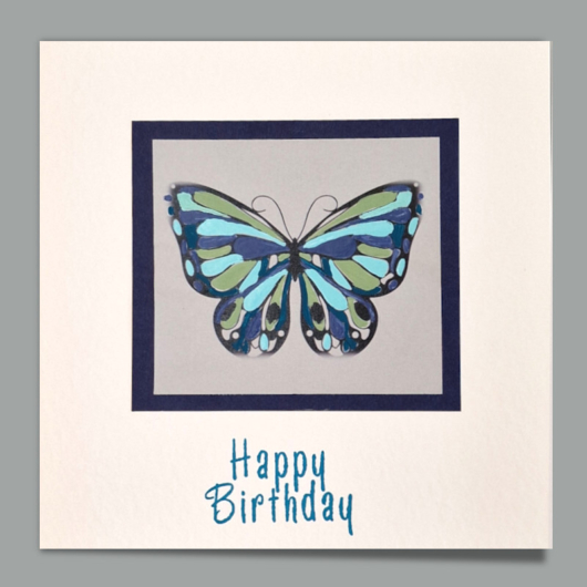 Bild der Glueckwunschkarte Happy Birthday Schmetterling Blau auf Softweiss
