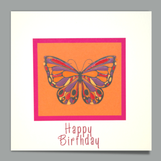 Web Glueckwunschkarte Happy Birthday Schmetterling Pink auf Softweiss