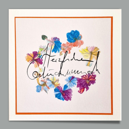 Web Glueckwunschkarte Herzlichen Glueckwunsch Blumenkranz orange softweiss