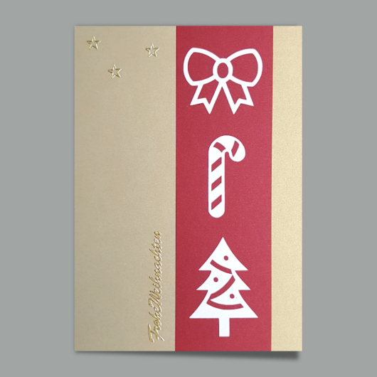 Bild der Weihnachtskarte «Taina» 2 mit gestanzten Weihnachtsmotiven auf rotem Streifen